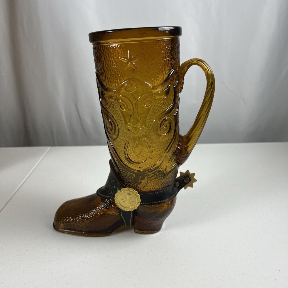 Vintage Texas Boot Stein Large Tall Amber Glass Mug with Handle Fathers Day